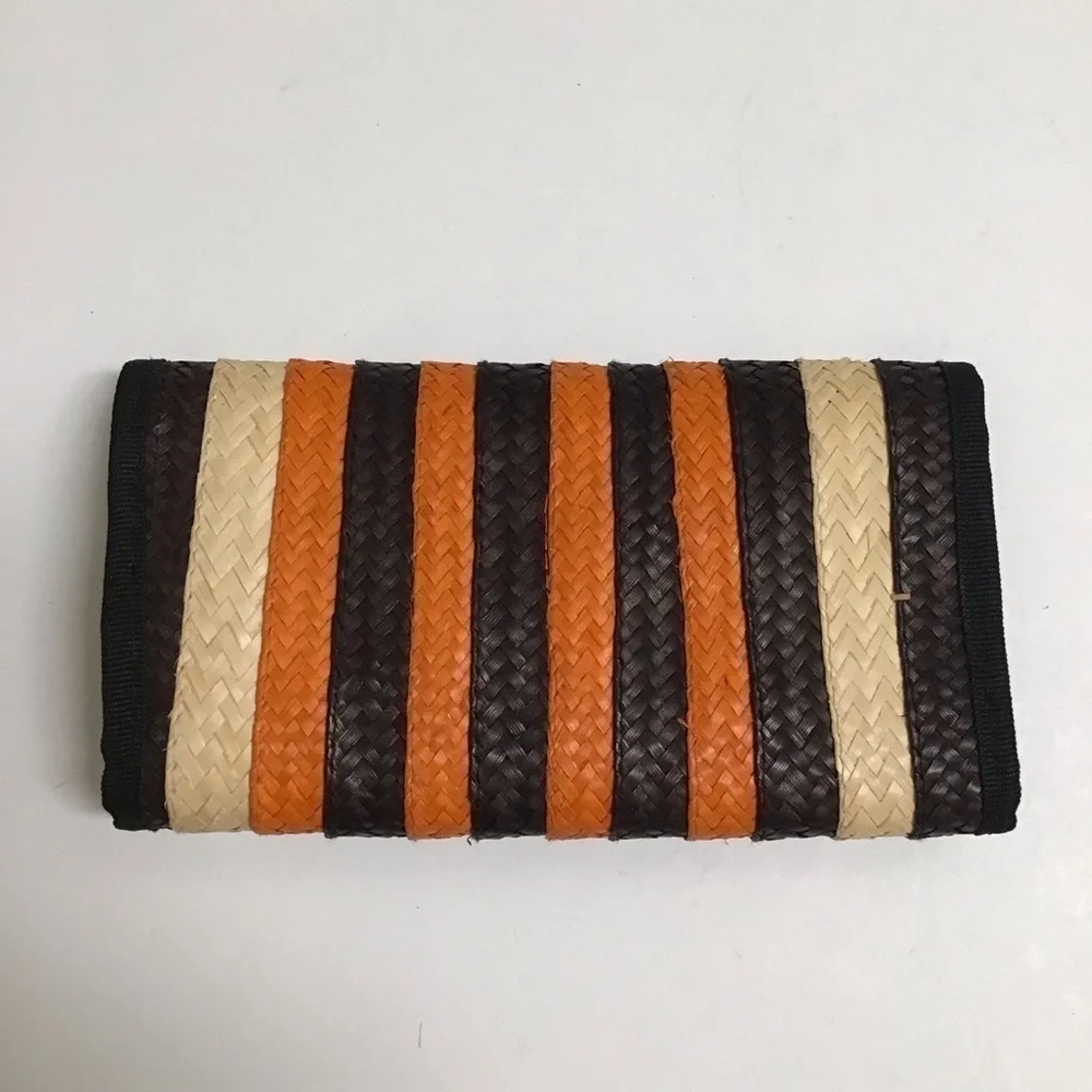 Handmade Woven Straw Wallet Zip Pouch Stripe Clutch Raffia Natural Brown Orange